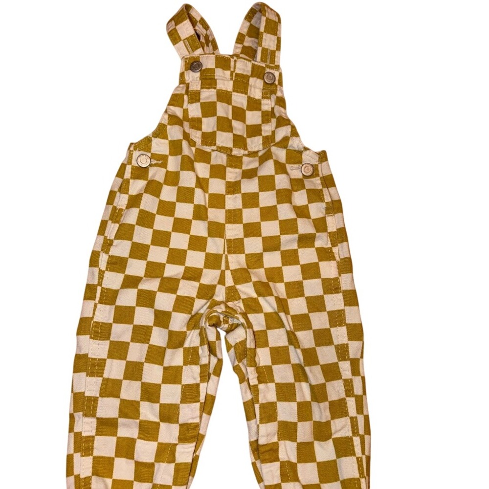 Old Navy Kids Mustard Yellow White Checkered Denim Overalls Checkerboard 6-12M